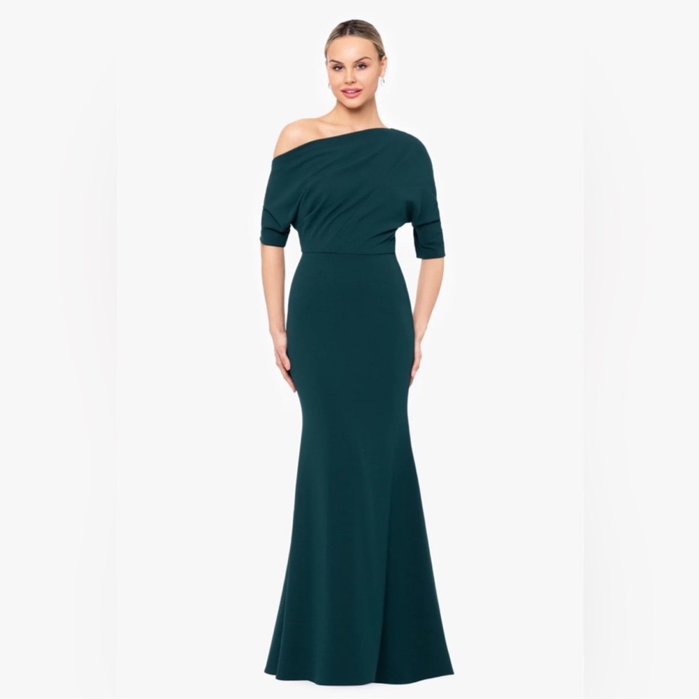 Betsy & Adam Madeline Long Scuba Crepe Off The Shoulder Drop Dress Size 10 Green
